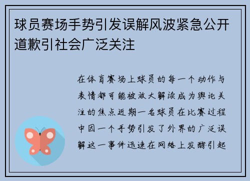 球员赛场手势引发误解风波紧急公开道歉引社会广泛关注