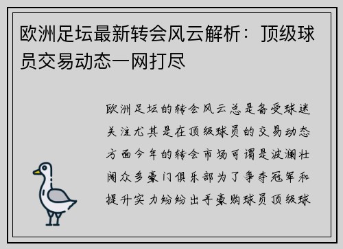 欧洲足坛最新转会风云解析：顶级球员交易动态一网打尽